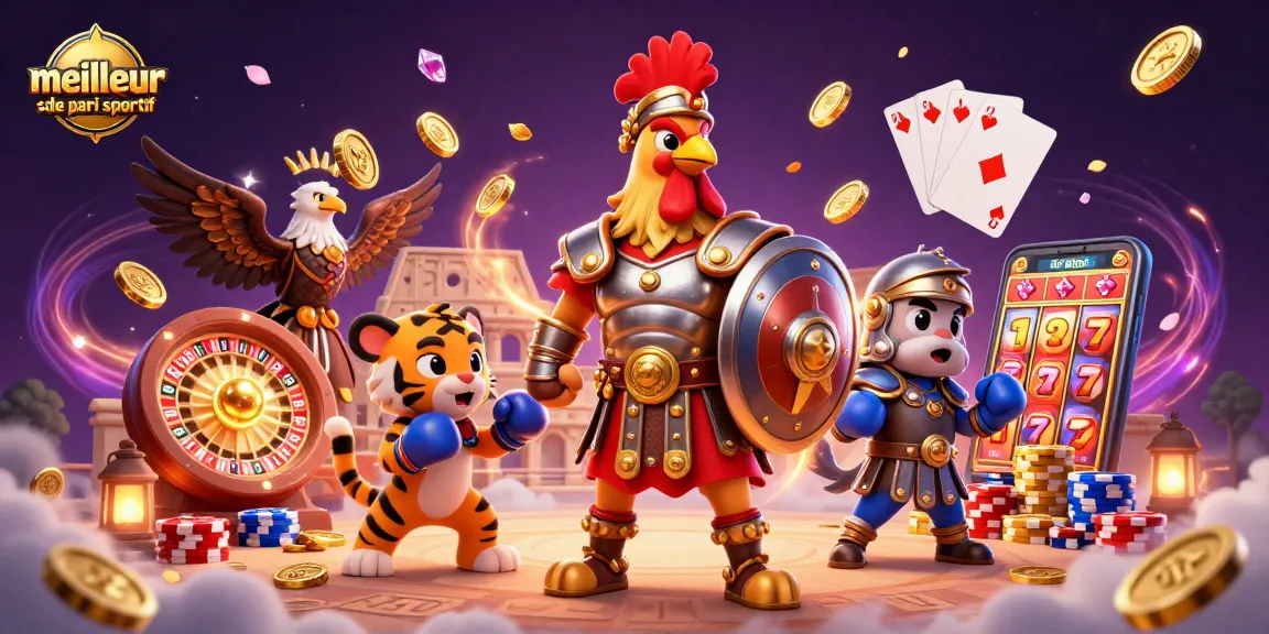 Découvrez le meilleur site de pari sportif avec un coq gladiateur et un tigre dans une arène.