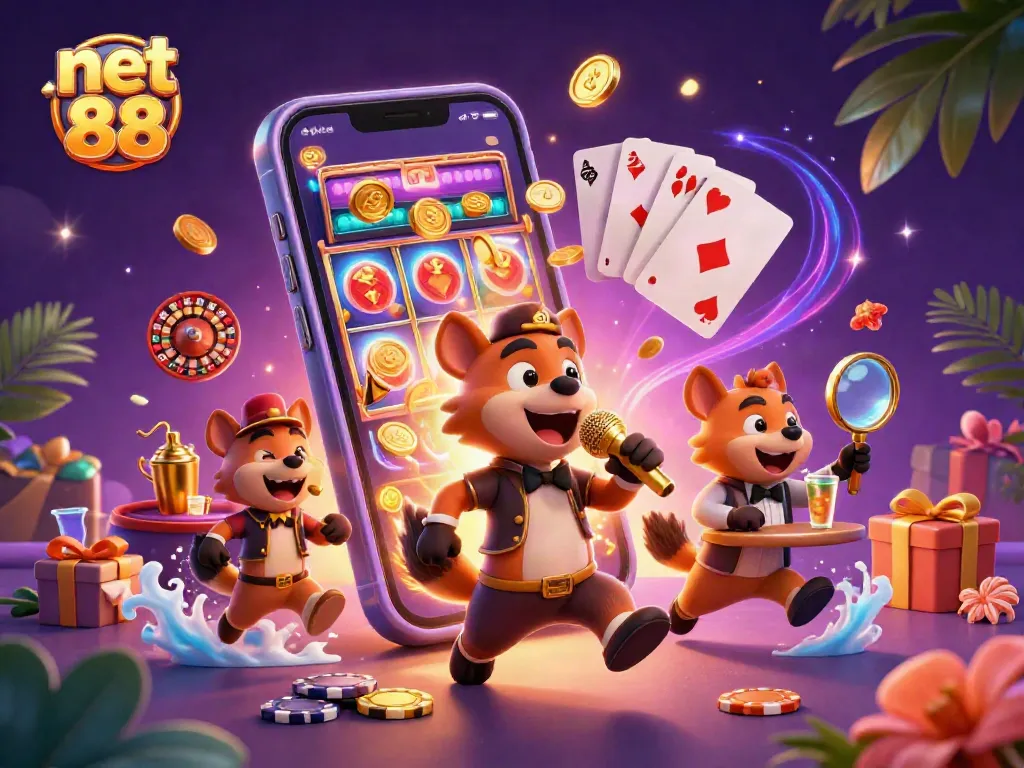 Hyenas entertain at a comedy casino for net 88, showcasing live gaming and tropical décor.