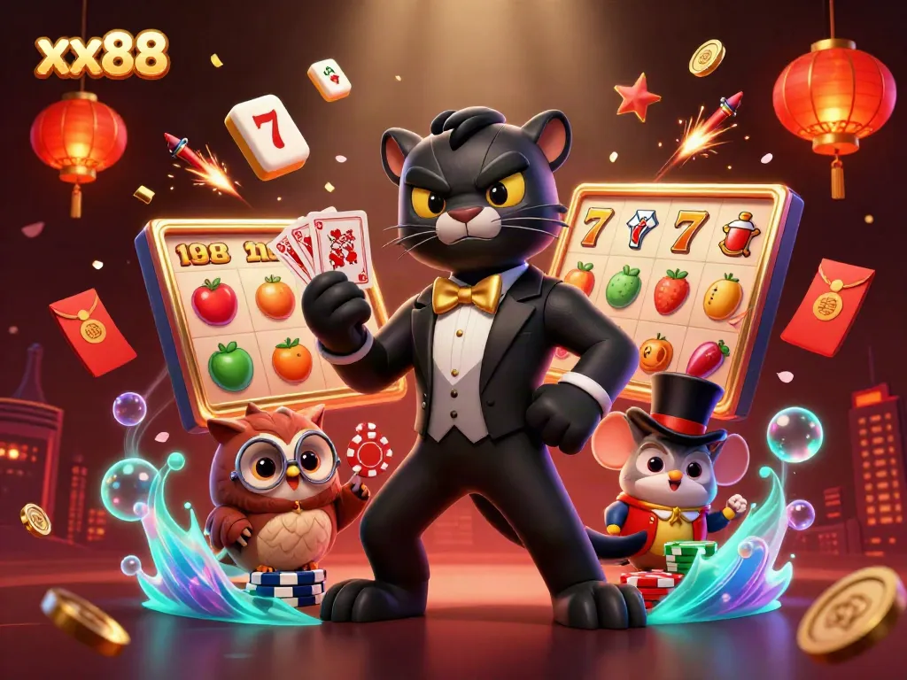 Experience thrilling xx88 gameplay with a stylish panther dealer and magical casino elements