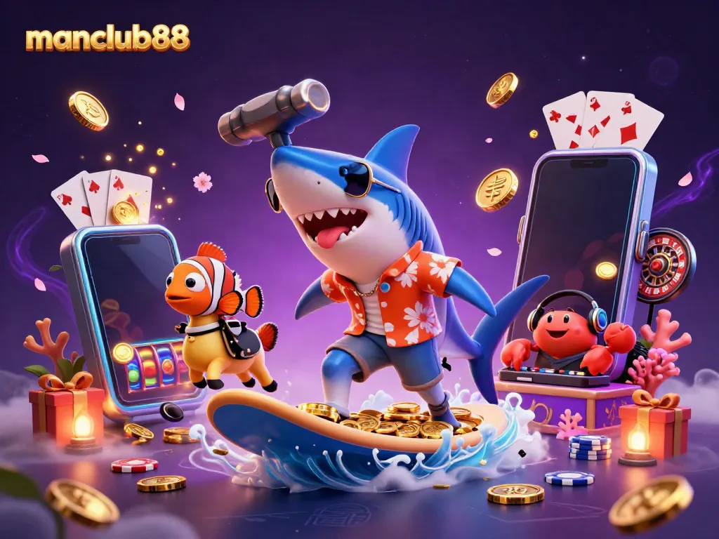 Experience the excitement of manclub88 with a shark surfing on coins amidst casino elements.