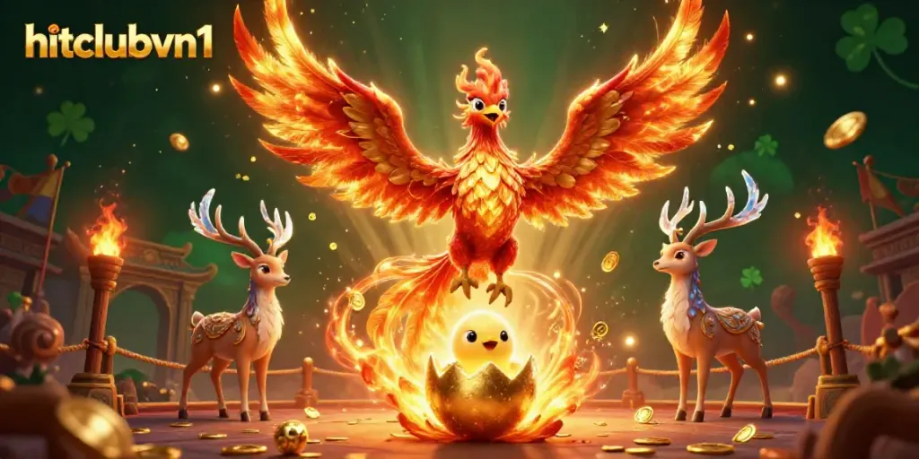 Experience thrilling gameplay with hitclubvn1 featuring a fire phoenix and a mystical stag in a vibrant casino setting.