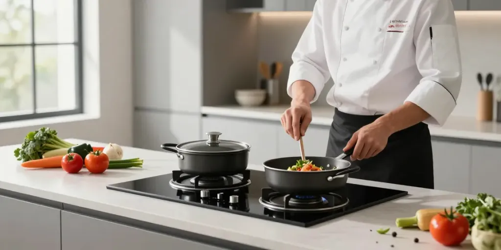 Cuisinier utilisant une plaque vitrocéramique moderne avec des ustensiles de cuisine dans une cuisine lumineuse.