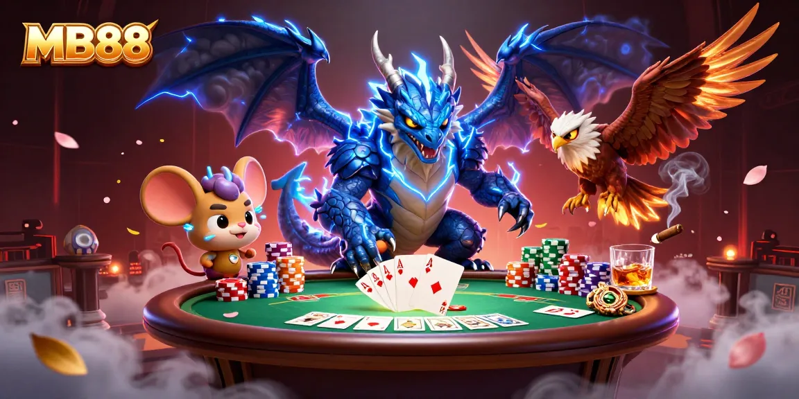 Experience thrilling card games at MB88 with our vibrant casino-themed illustration.