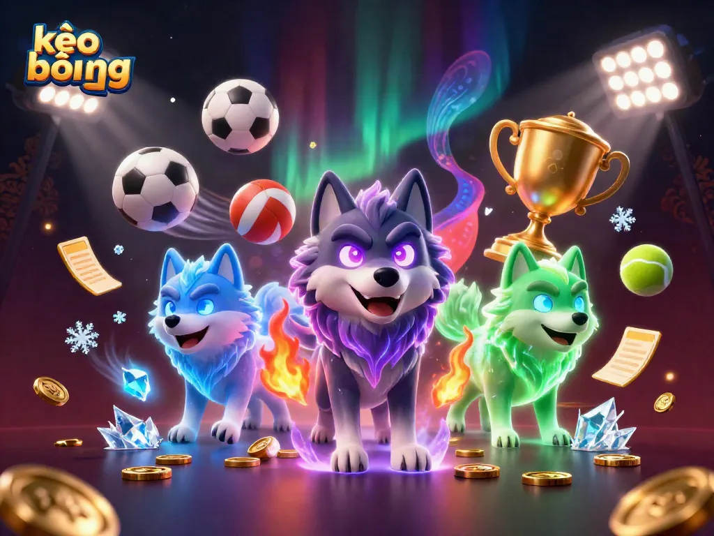 Bet on kèo bóng đá with dynamic sports elements and glowing spectral wolves.