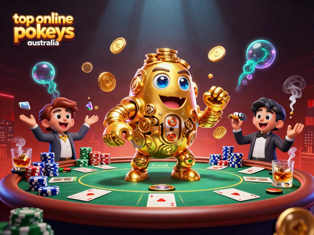Engaging scene showcasing the top online pokies Australia with animated golden coins and dynamic game elements.