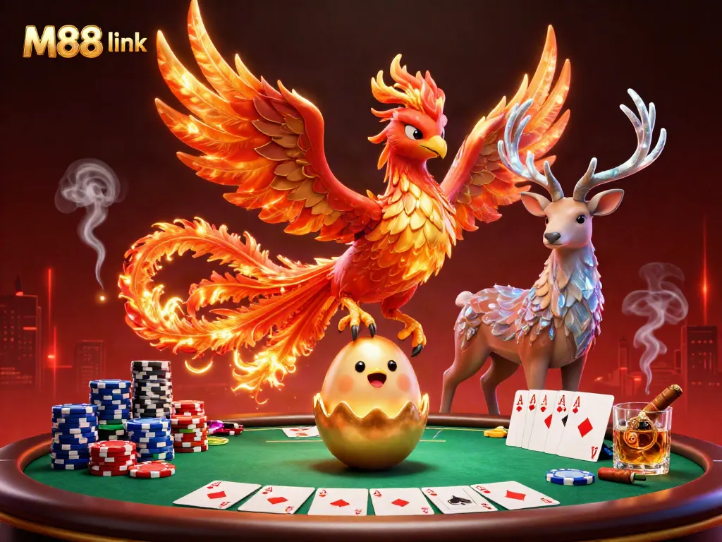 Engage with M88 link to discover rich poker gameplay, featuring a glowing phoenix and card elements.