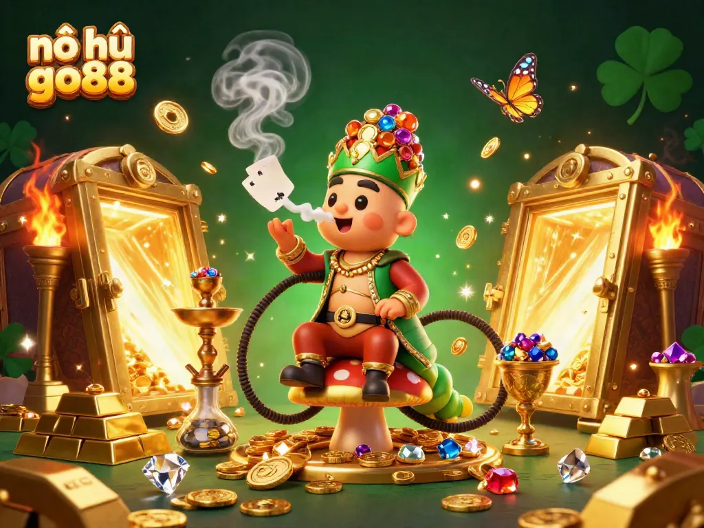 Engage in thrilling gameplay with nổ hũ go88, showcasing a dazzling 3D illustration of a caterpillar master amidst treasures.