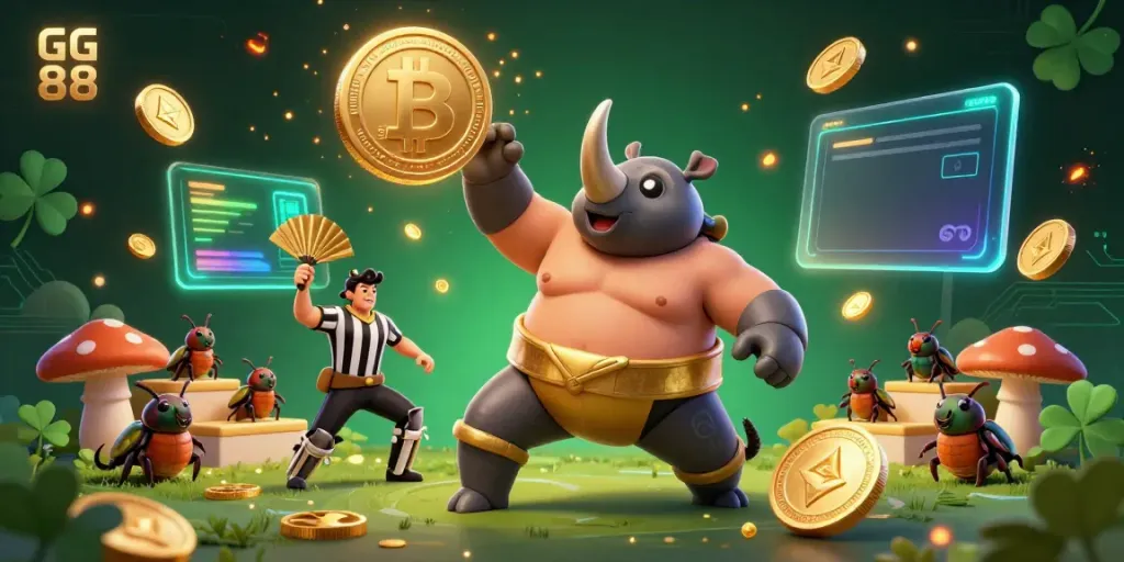 Experience the captivating GG 88 scene where a sumo beetle earns coins with every powerful stomp, enhanced by vibrant digital effects.