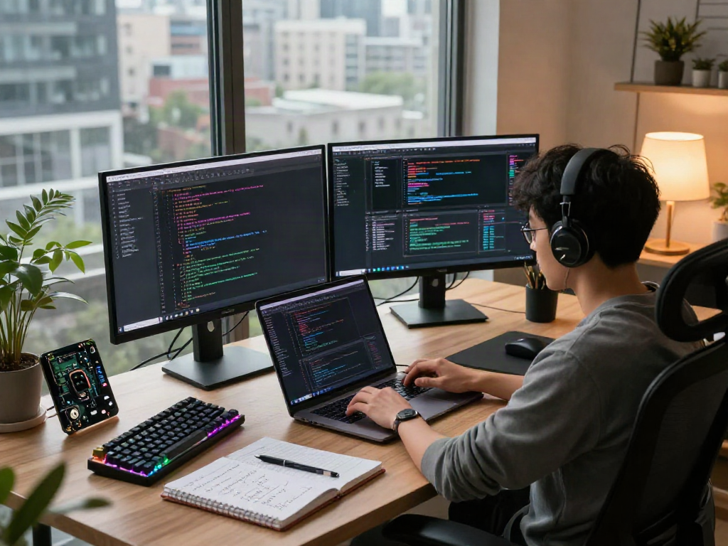 Développeur utilisant Atlas pro ontv dans un environnement de travail moderne avec des écrans affichant du code.