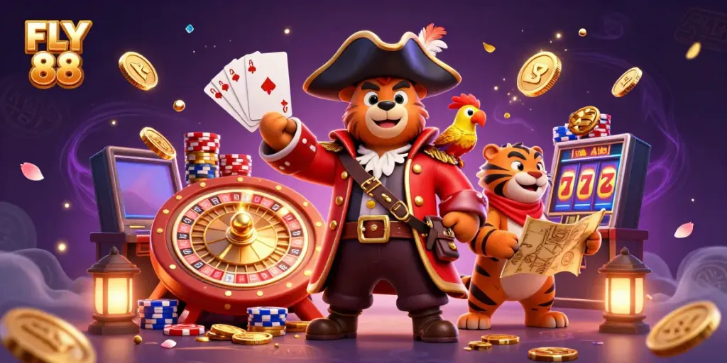 Join the adventure at FLY 88 with a pirate bear, tiger, and treasures in a vibrant casino scene!