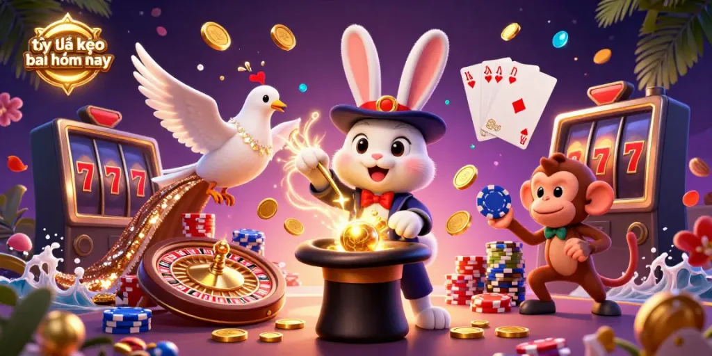 This illustration showcases the dynamic world of tỷ lệ kèo nhà cái hôm nay, capturing characters and casino elements in a vibrant scene.