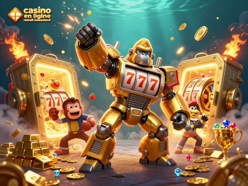 Retraits instantanés en casino en ligne : un gorille mech en action sous les lumières dorées.