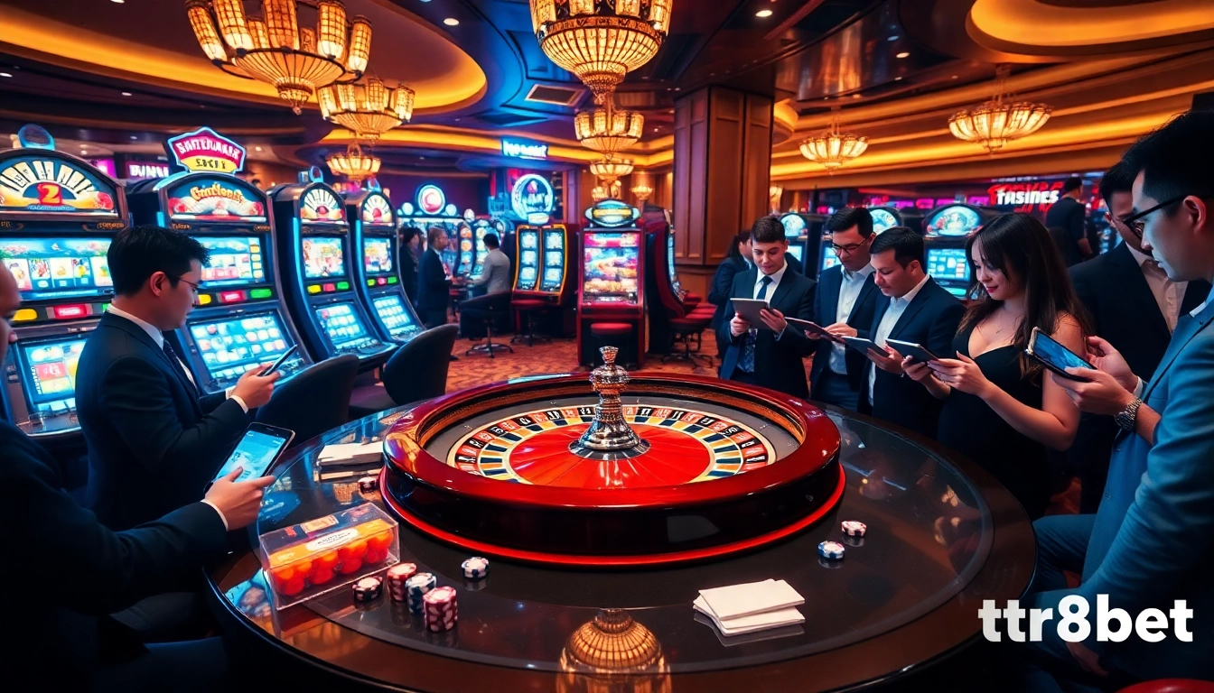 Engaging players enjoying tr88bet at a vibrant casino with roulette and slot machines.