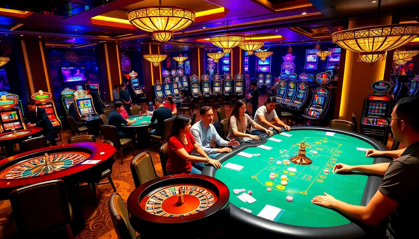 Exciting gameplay at the lc88 casino with players enjoying poker, roulette, and slot machines.