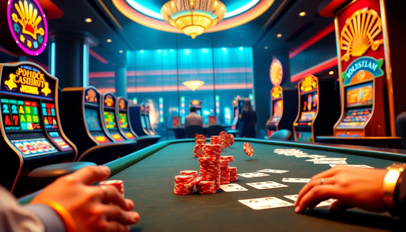 S8 online gambling interface showcasing vibrant slot machines and poker tables in a luxurious casino setting.