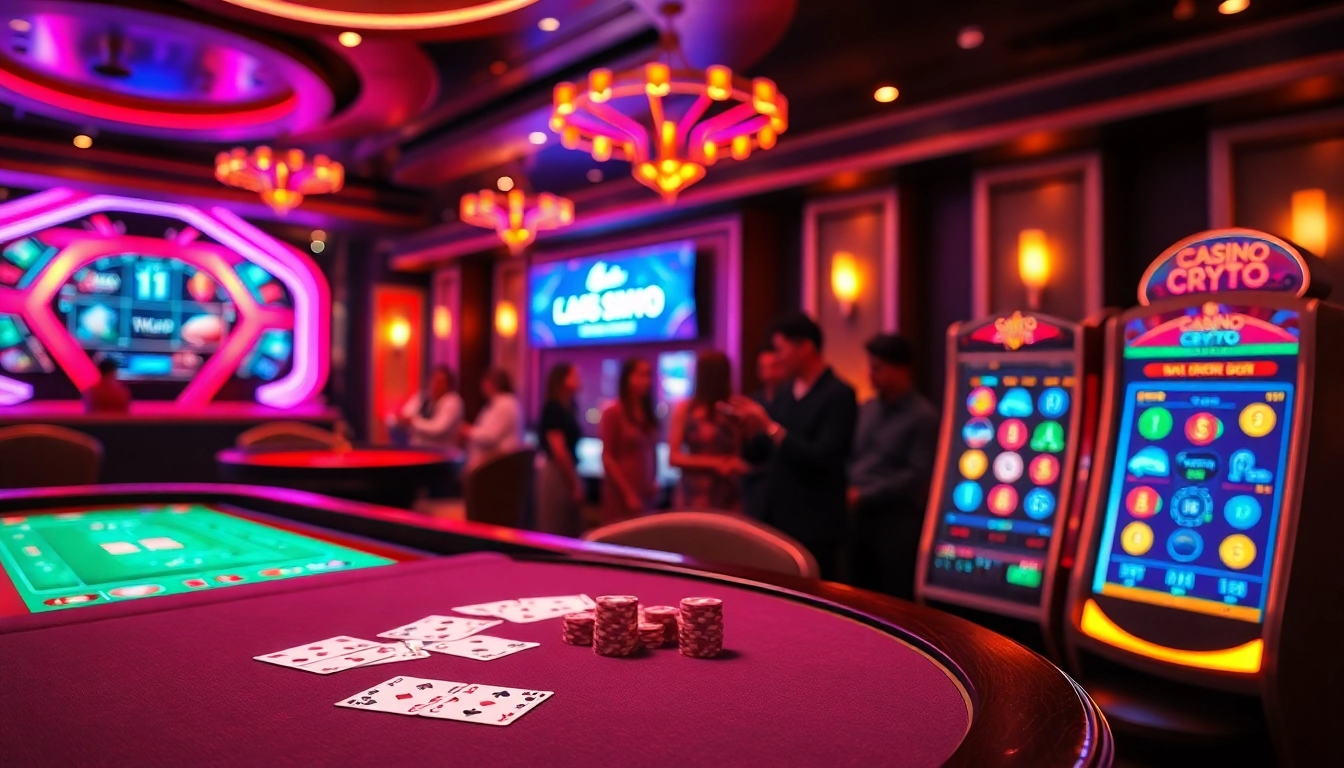 Vivez l'excitation du casino crypto avec des néons vibrants et des interfaces de jeu numériques.