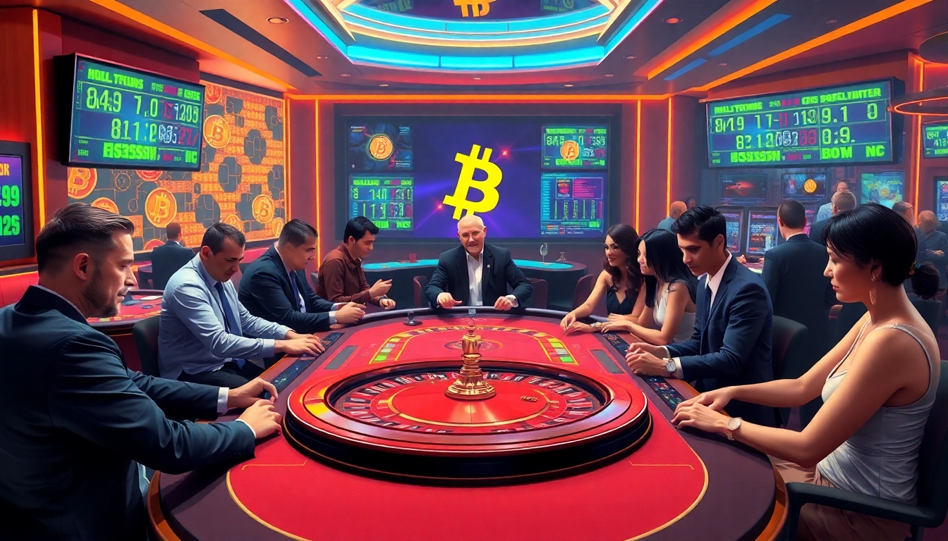 Casino Bitcoin animé avec des joueurs profitant des jeux en ligne et d'une ambiance lumineuse.