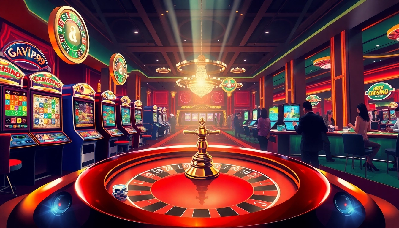 GAVIP999 casino scene featuring vibrant slot machines and excited players at the poker table.