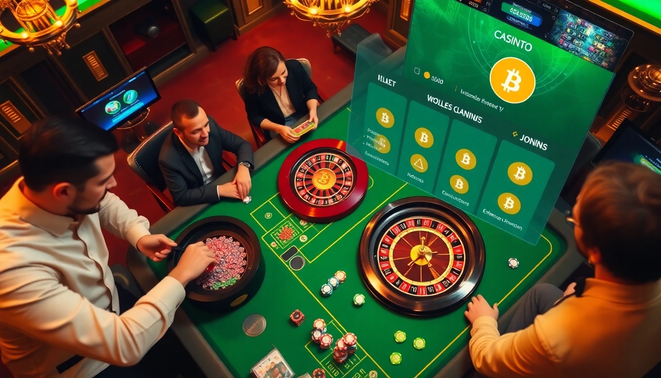 Players enjoying a vibrant casino crypto en ligne experience with cards, chips, and roulette wheel.