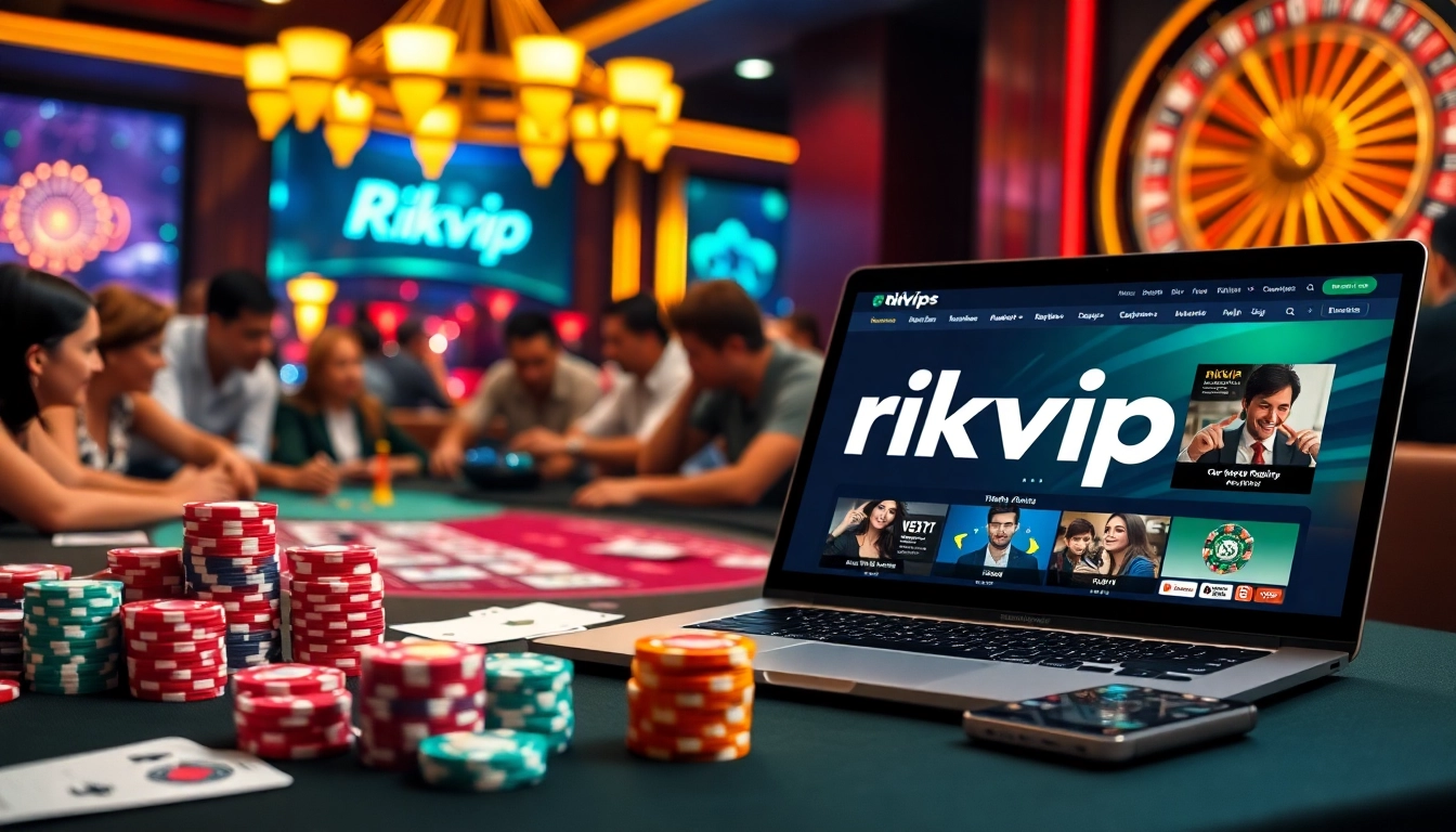 Engaged players at a rikvip online casino table with colorful chips and cards.