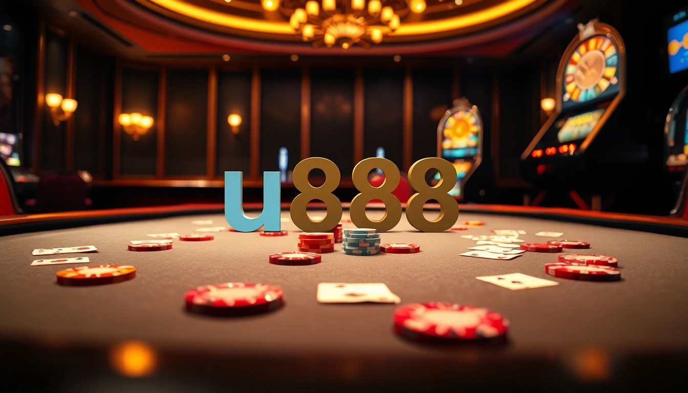Engaging poker table scene at u 888 casino with vibrant chips and cards, highlighting excitement.