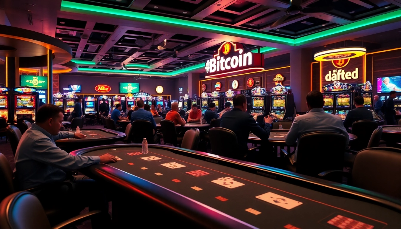 Joueurs heureux à un Bitcoin casino avec des machines attrayantes et une ambiance animée.