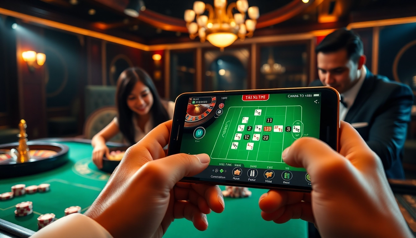 Engaging players in a tài xỉu online game amidst an elegant casino backdrop with poker chips and dice.