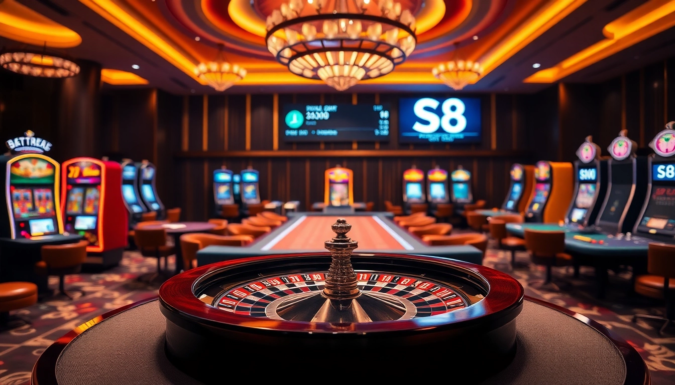 S8 betting options at a luxurious casino with roulette and poker tables.