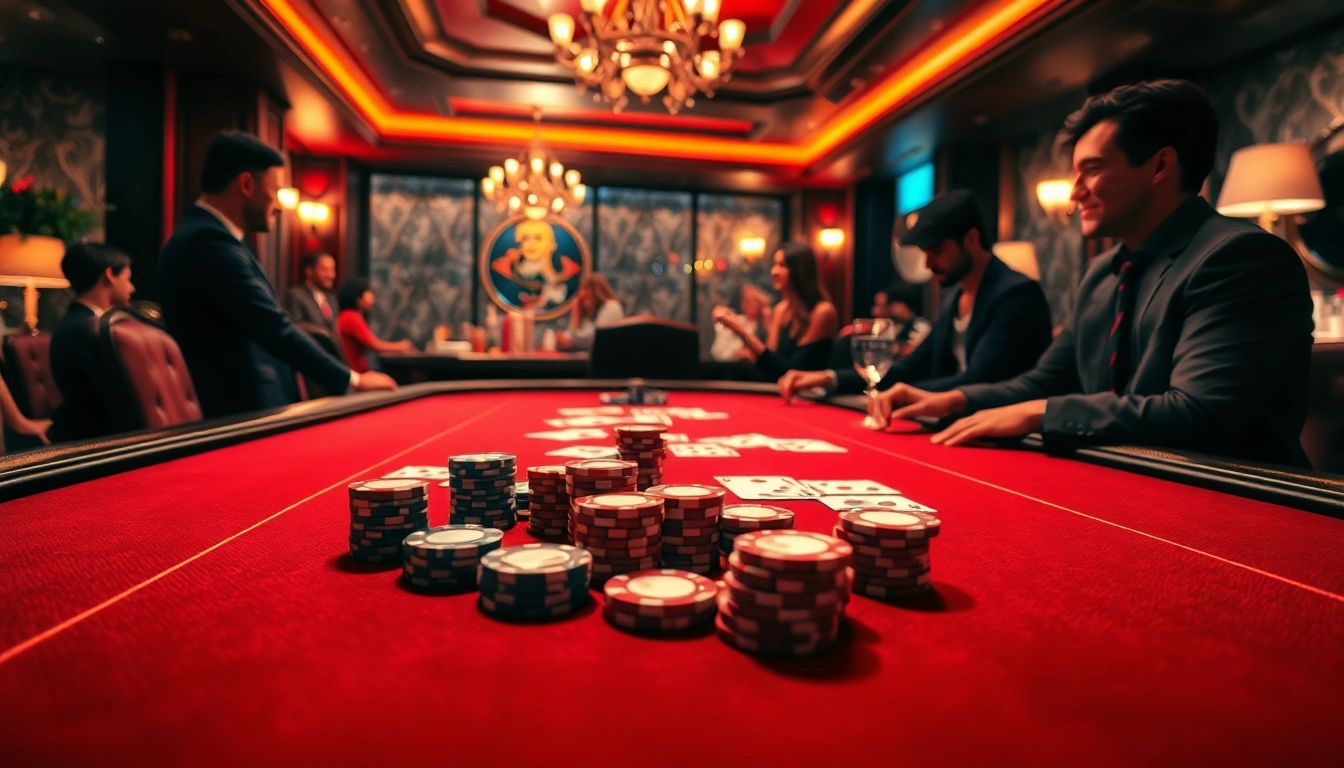 Vibrant casino en ligne scene with players at a gaming table, showcasing excitement and luxury.