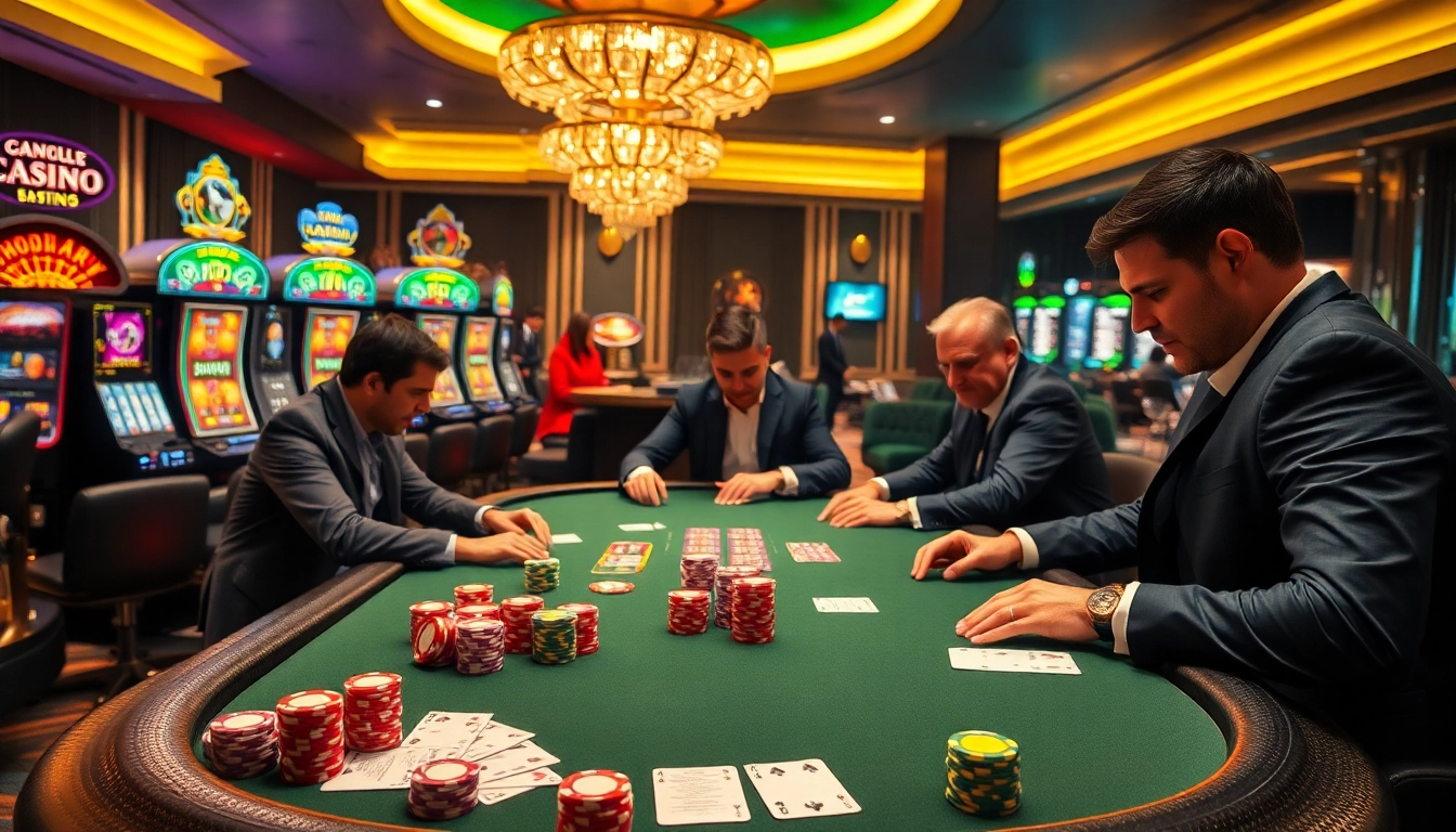 Experience the thrill of the meilleur casino en ligne français with vibrant games and professional players at a luxurious poker table.