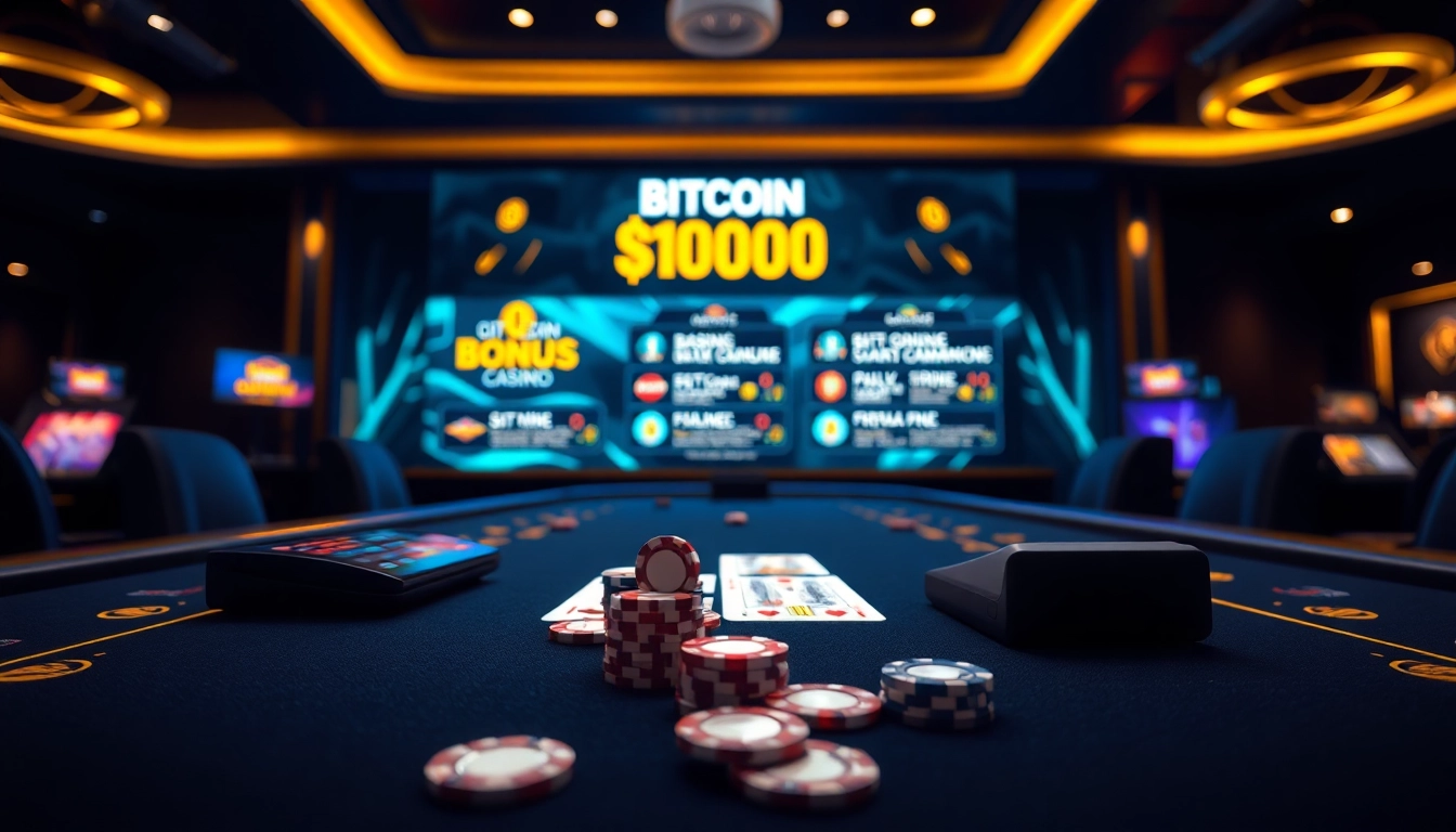 Le Bitcoin casino captivant avec des éléments de jeu sophistiqués et des lumières dramatiques.