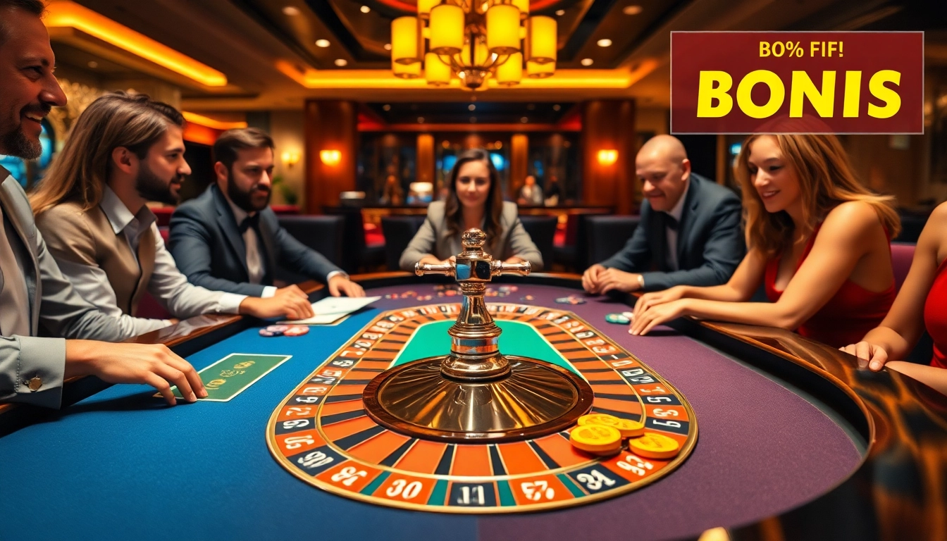 Joueurs de casino en ligne avec une table de roulette animée, ambiance joyeuse.
