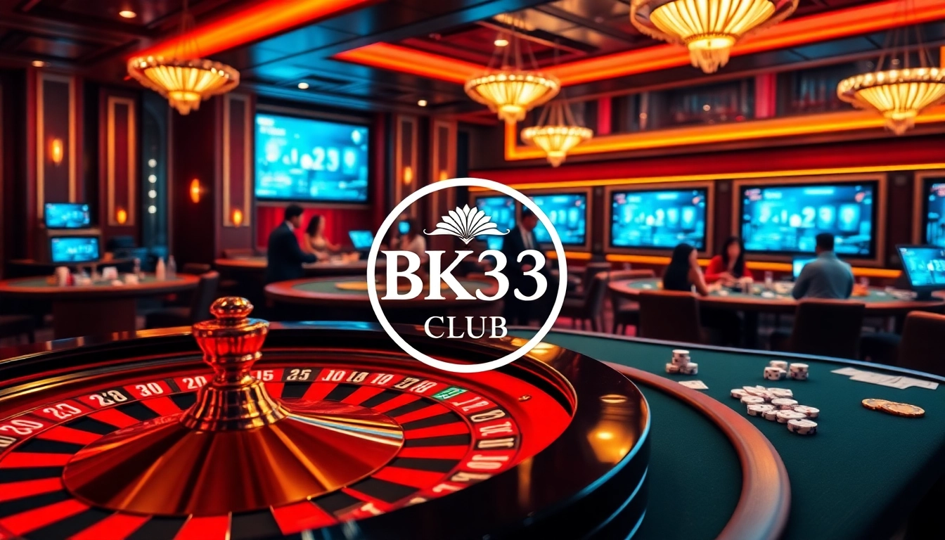 Players enjoying high-stakes gambling at Bk33 club casino with roulette and poker tables.