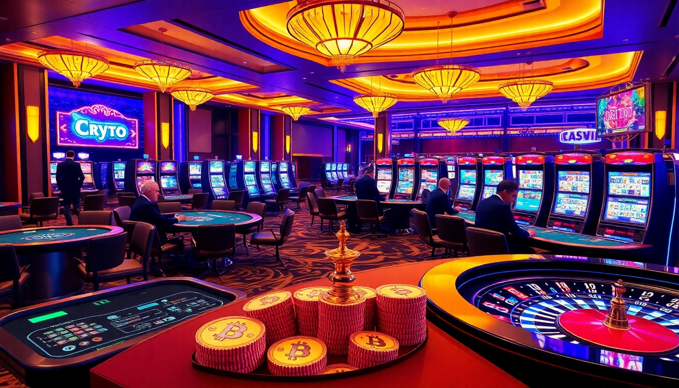 Gameplay du casino crypto mettant en scène des tables dynamiques, des interfaces numériques et des joueurs engagés.