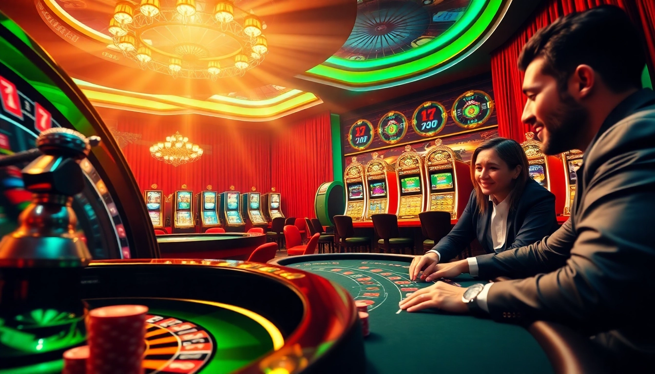 Experience thrilling gambling action at https://dn88.bio/ with a luxurious casino scene showcasing roulette and blackjack.