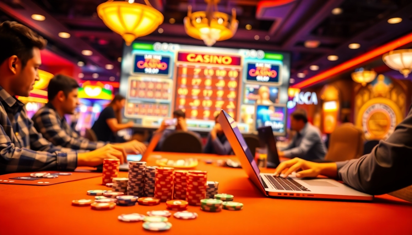 Plongez dans l'univers des jeux de casino en ligne avec une scène animée de joueurs.