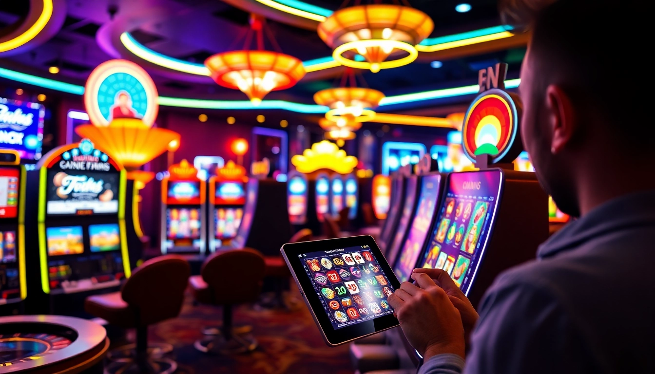 Jouez aux jeux captivants de casino en ligne dans un environnement animé rempli de lumières vives.