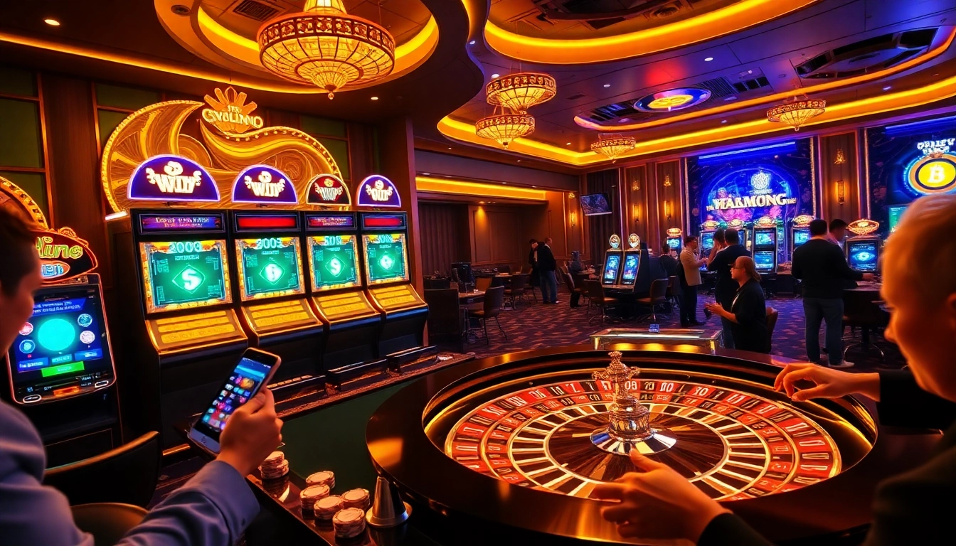 Engaging scene of casino crypto en ligne showcasing players betting on colorful slot machines.