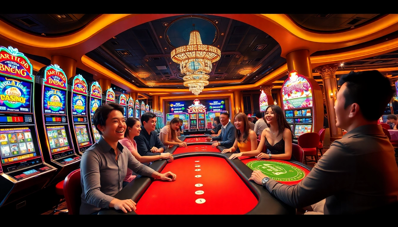 Casino en ligne avec des machines à sous animées et des joueurs engagés dans le jeu