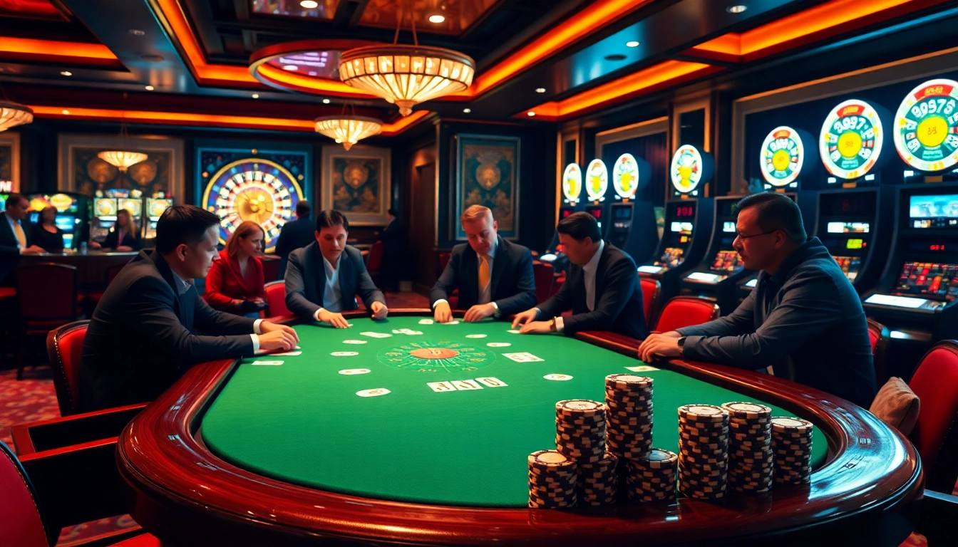 Gamblers at an S8 poker table showcase high-stakes action in a luxurious casino setting.