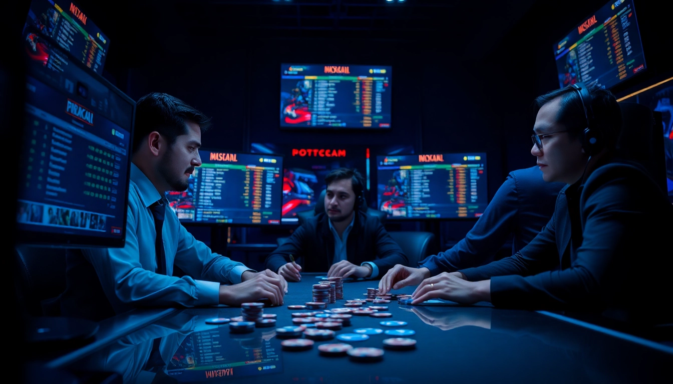 Jouez au poker en ligne dans une ambiance moderne et intense avec des joueurs concentrés. related image