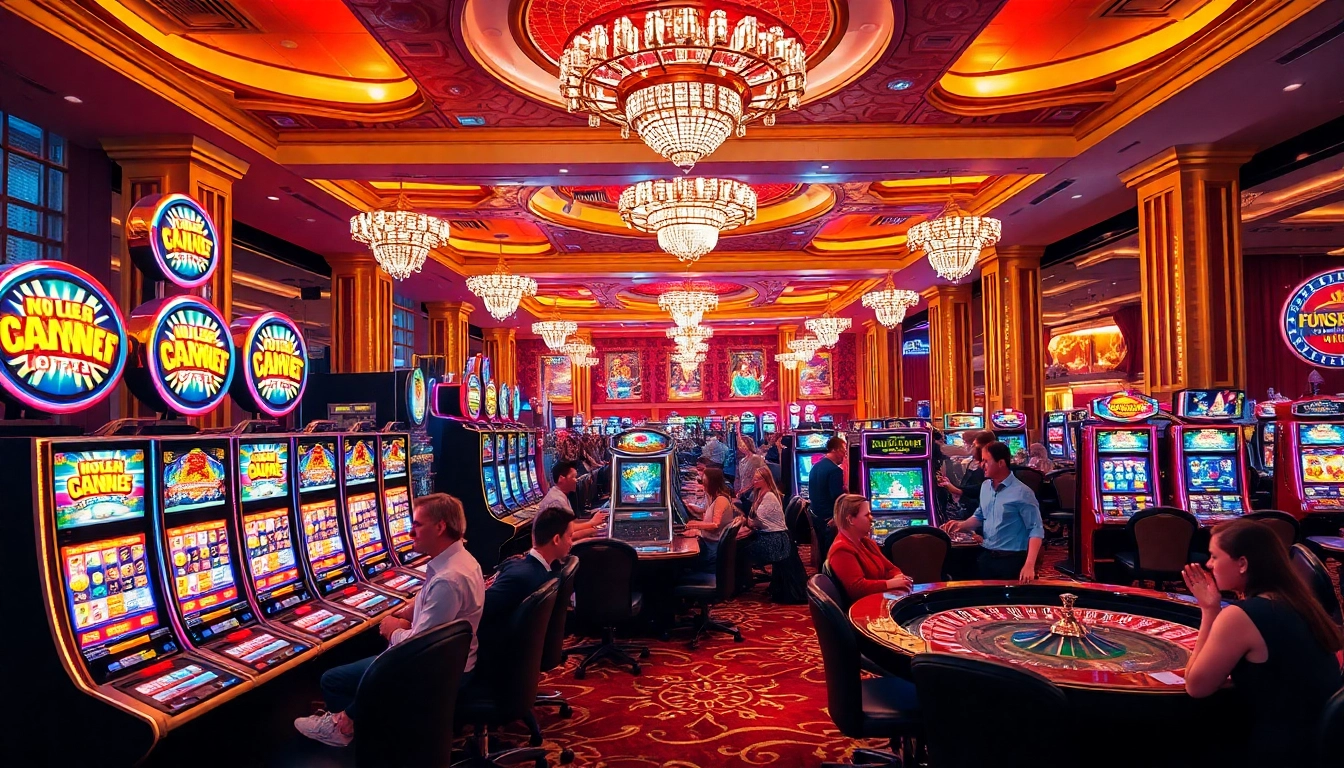 Jouez au nouveau casino en ligne dans un cadre luxueux avec des tables de roulette et des machines à sous scintillantes.