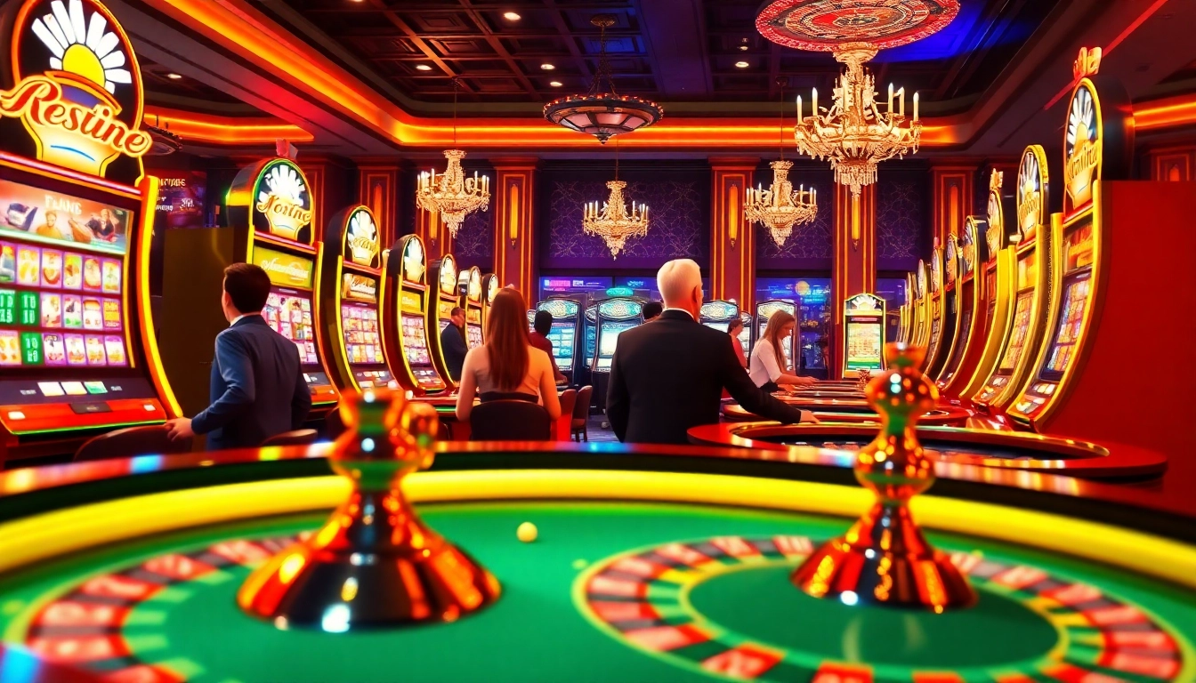 Joueurs animés dans un casino en ligne avec des machines à sous colorées et des tables de roulette.