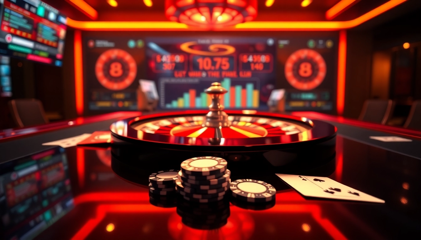 Jouer à casino en ligne avec des cartes à jouer et une roulette vibrante sur une table moderne.