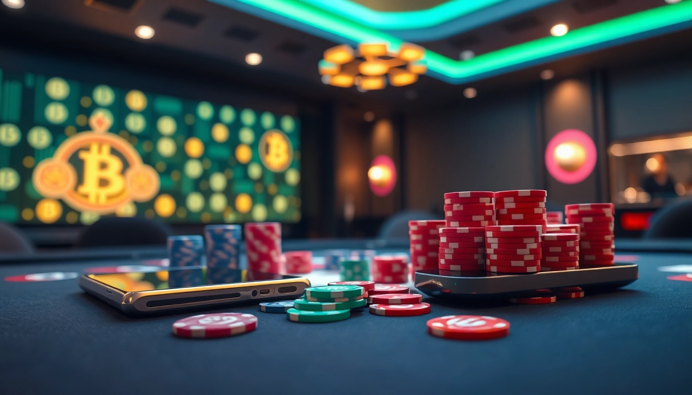 Plonger dans l'excitation du crypto casino avec une table de jeu vibrante et des lumières scintillantes.
