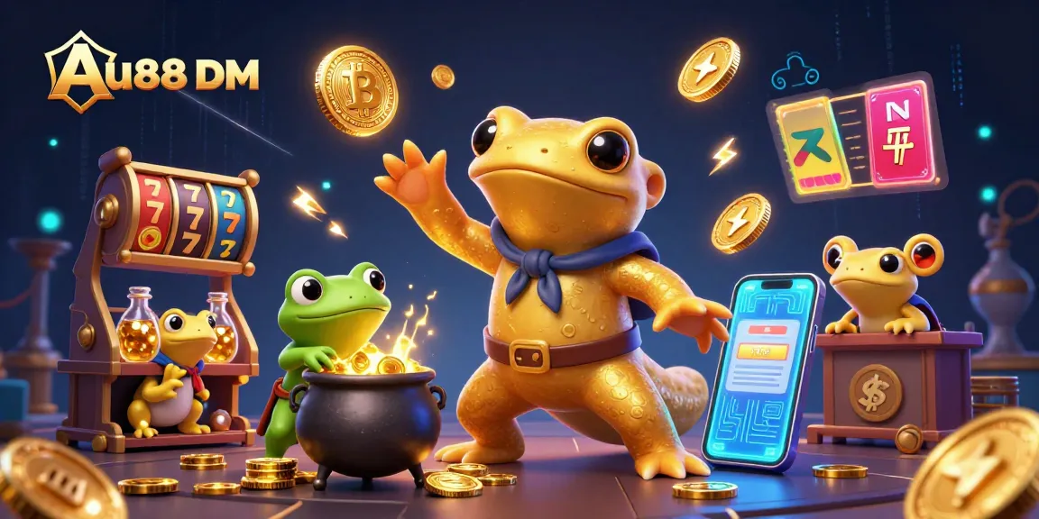 Play thrilling games with Au88 DM at a vibrant casino featuring gold and crypto elements.