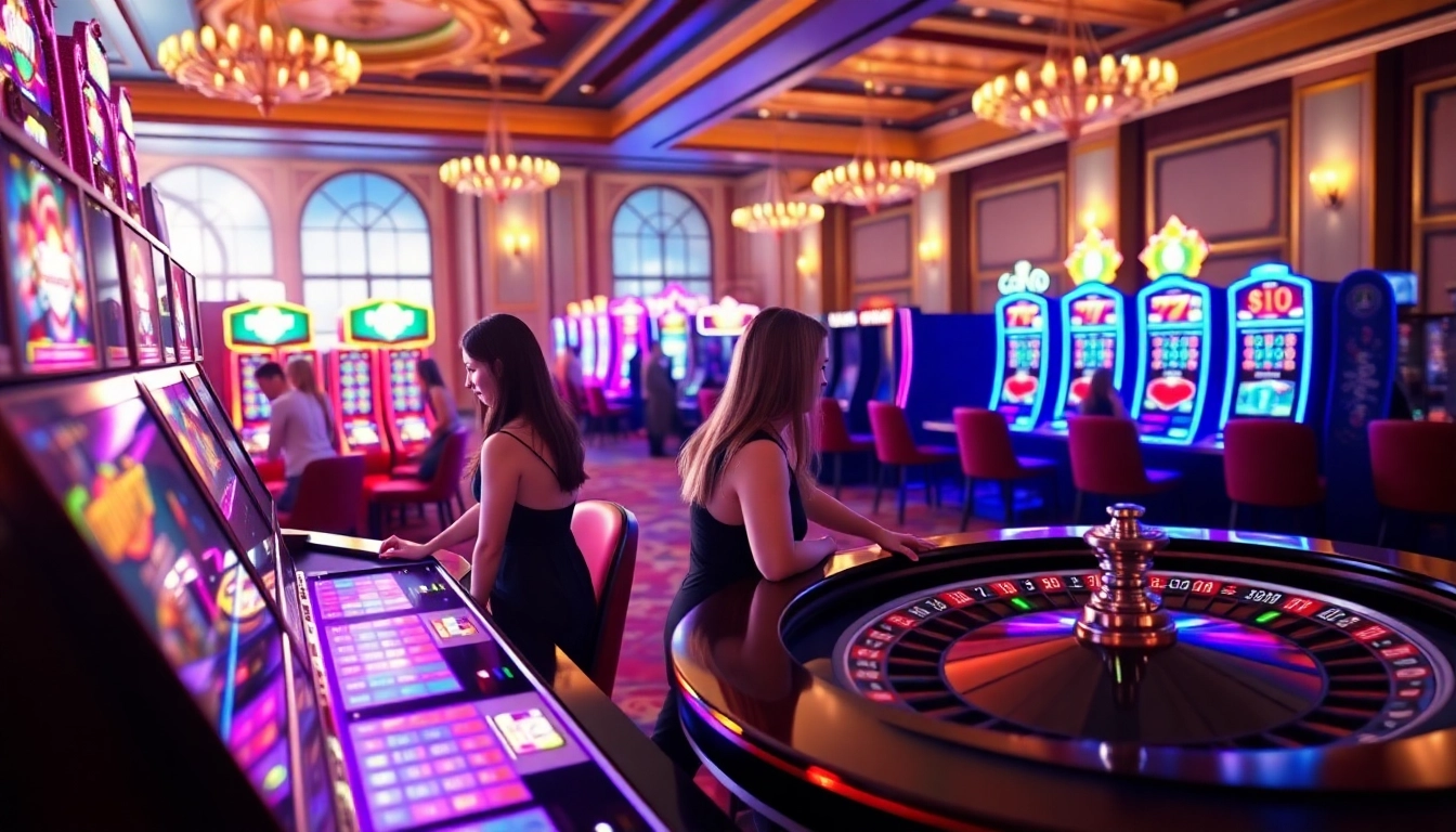 Joueurs animés dans un casino en ligne avec des machines à sous colorées et des tables de roulette. related image