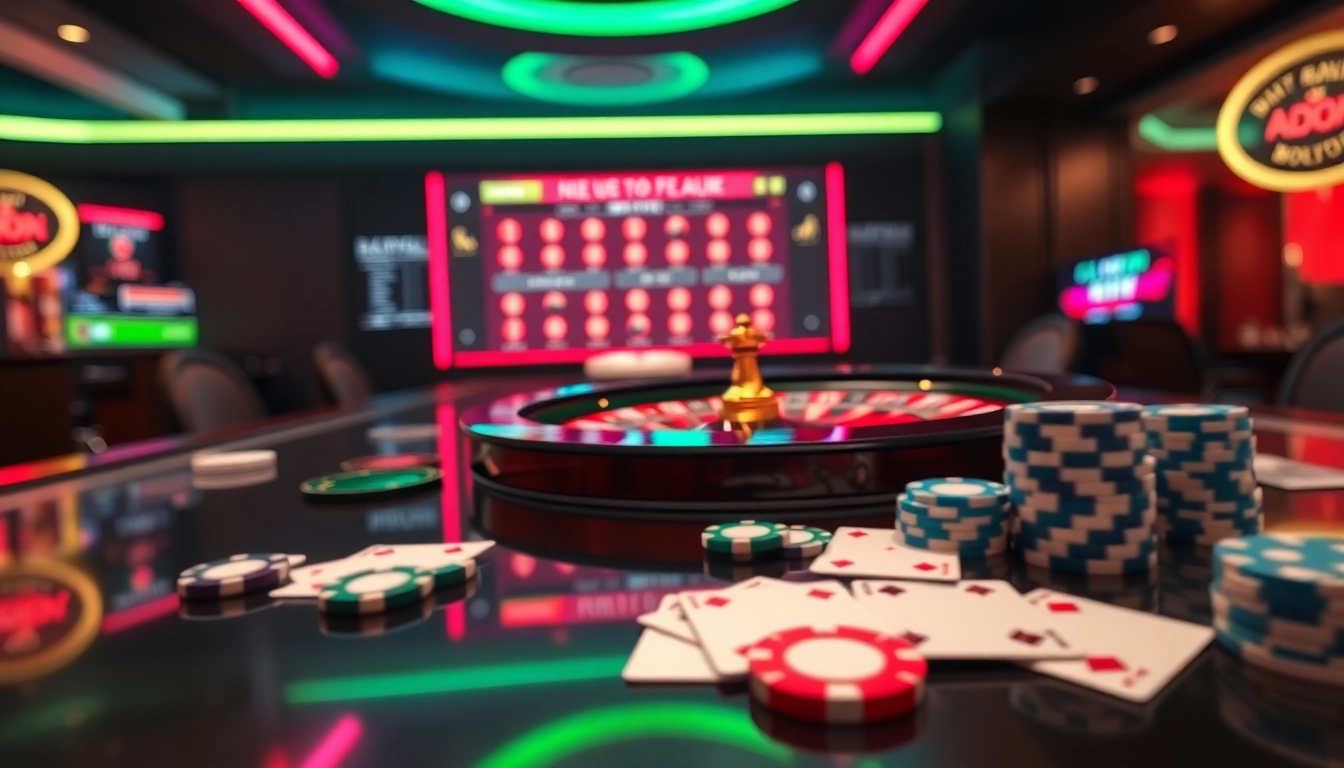 Jouer à casino en ligne avec des cartes à jouer et une roulette vibrante sur une table moderne. related image