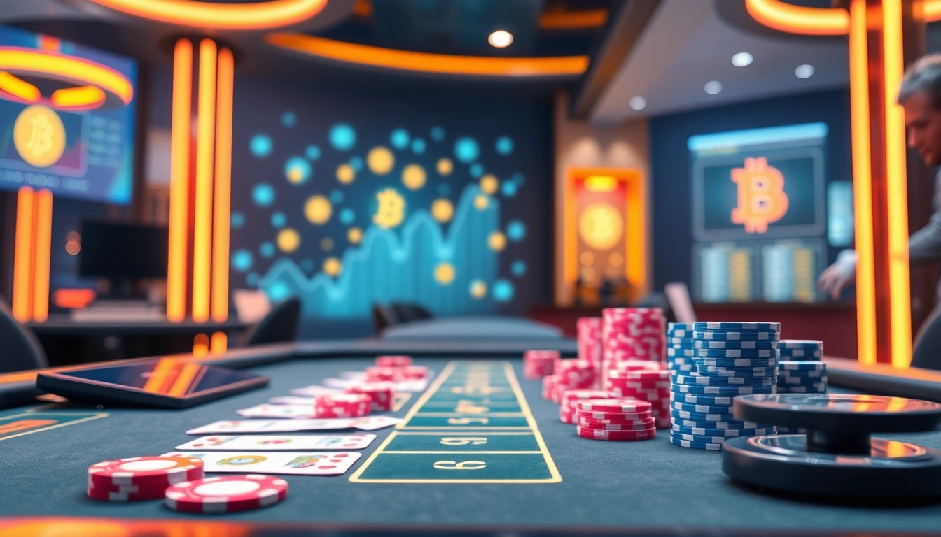 Plonger dans l'excitation du crypto casino avec une table de jeu vibrante et des lumières scintillantes. related image