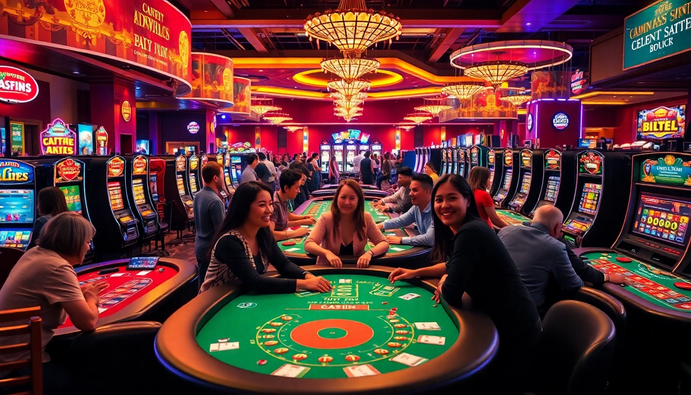 Joueurs dans un casino sans kyc, profitant d'une ambiance dynamique et colorée au milieu des tables de jeu.